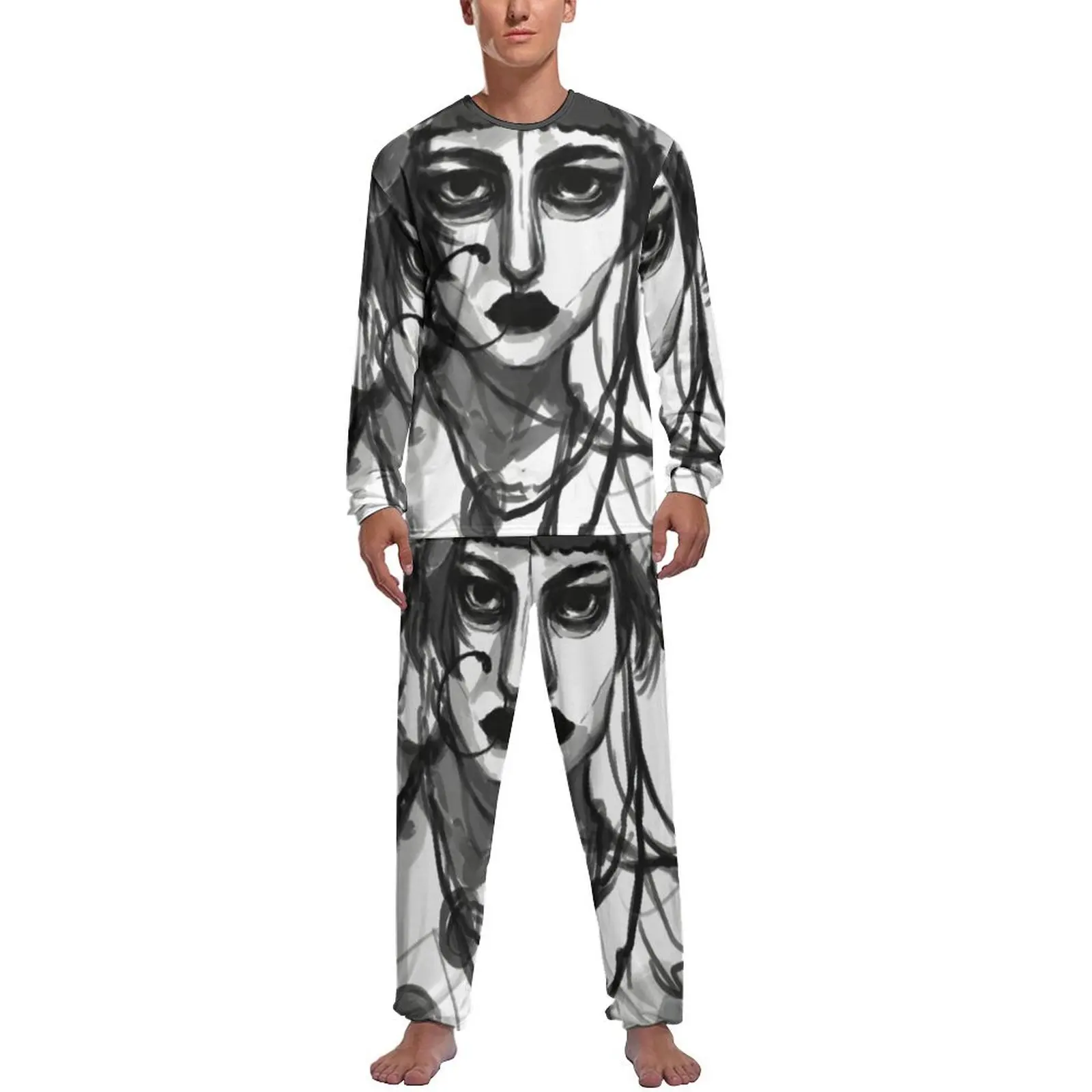 Jibaro Oil Painting Pajamas Autumn 2 Piece Love Death And Robots Soft Pajama Sets Man Long Sleeve Aesthetic Design Sleepwear