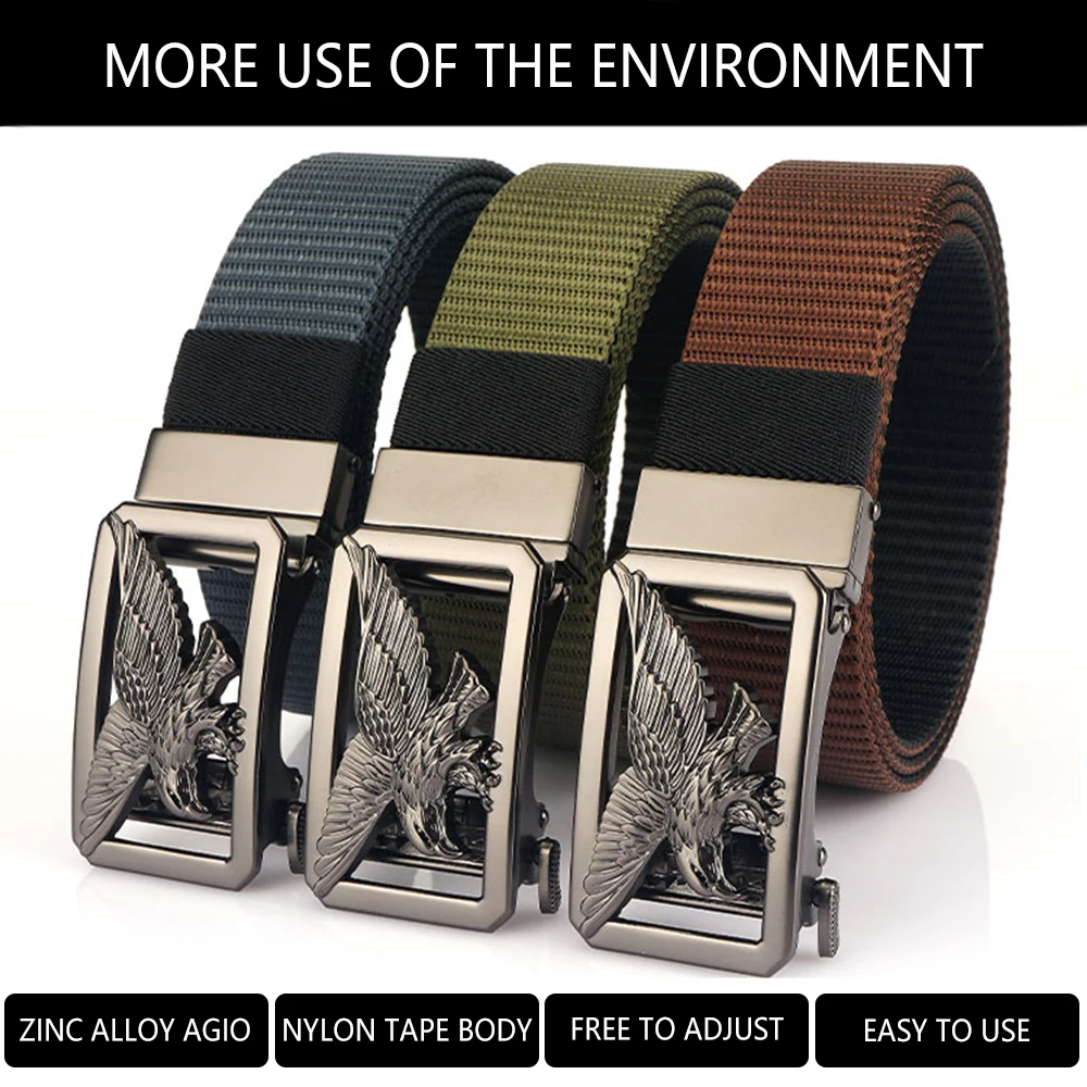 TUSHI New 3.4cm Casual Belt for Men Alloy Silver Automatic Buckle Thick Nylon Military Tactical Belt Outdoor Hiking Girdle Male