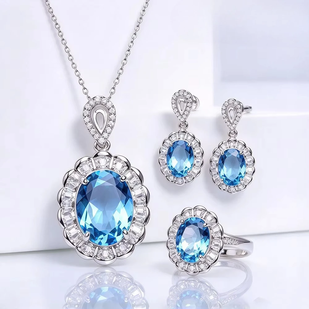 Fashion 925 silver jewelry set with gemstones. Live-streamed best-selling ladies' gemstone rings, earrings and pendants.