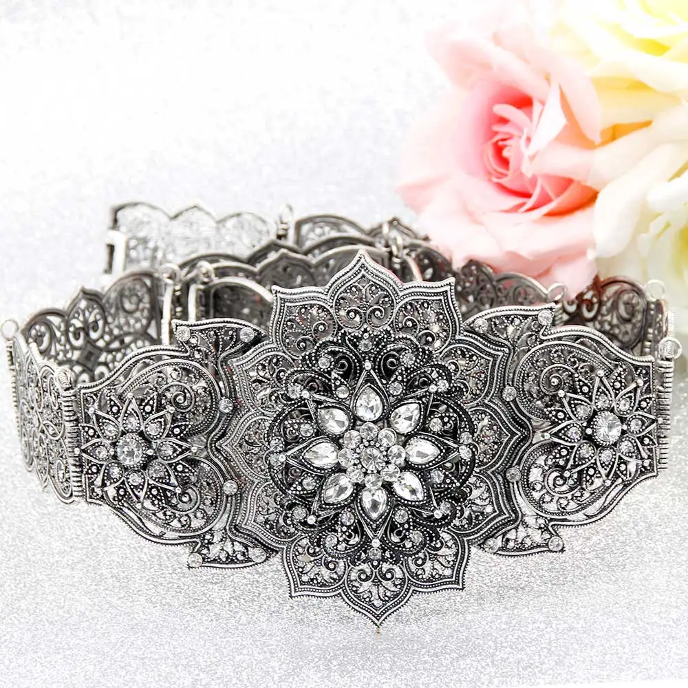 

Sunspicems Antique Silver Color Arabic Bride Dress Belt for Women Caucasus Waist Belt Body Chain Algeria Wedding Jewelry Gift
