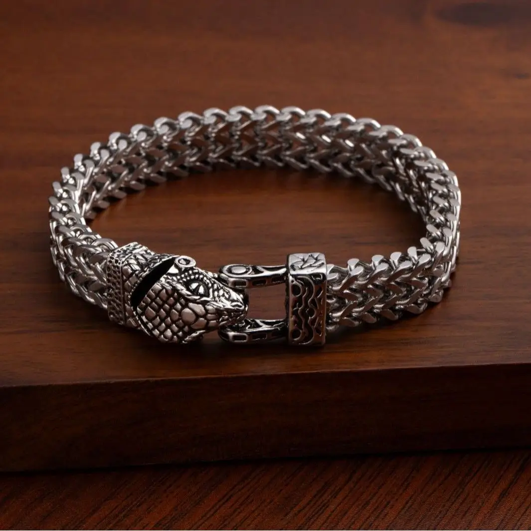 Men's Gothic Snake Head Bracelet - Non-Fading Stainless Steel Punk Cuff, Dark Alternative Beast Skull Jewelry, Edgy Gift