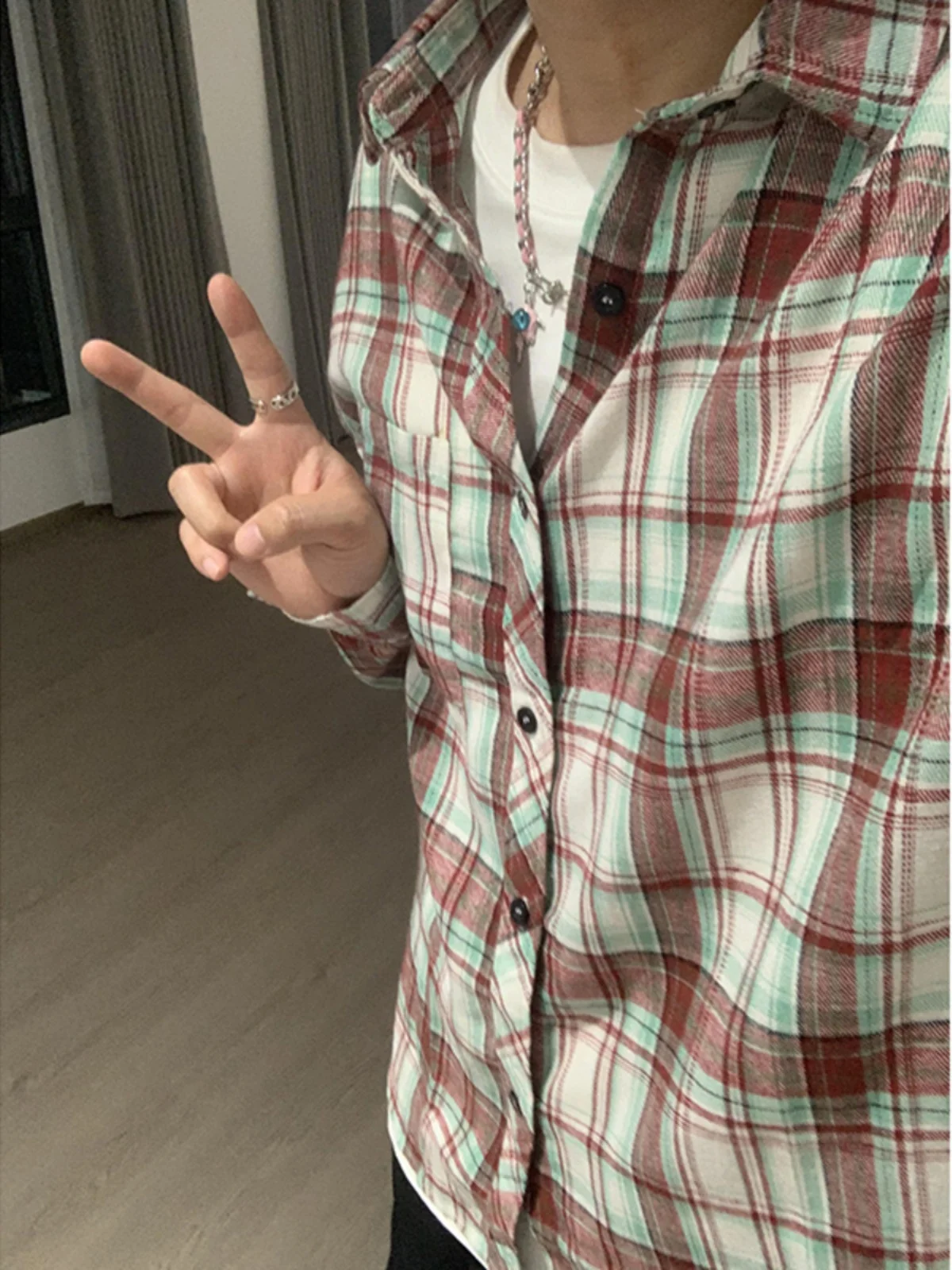 

Vintage Plaid Long Sve irt Men's Pinki Red Classic Sle Korean Trendy Outerwear Loose Fit Youthful Autumn Faion