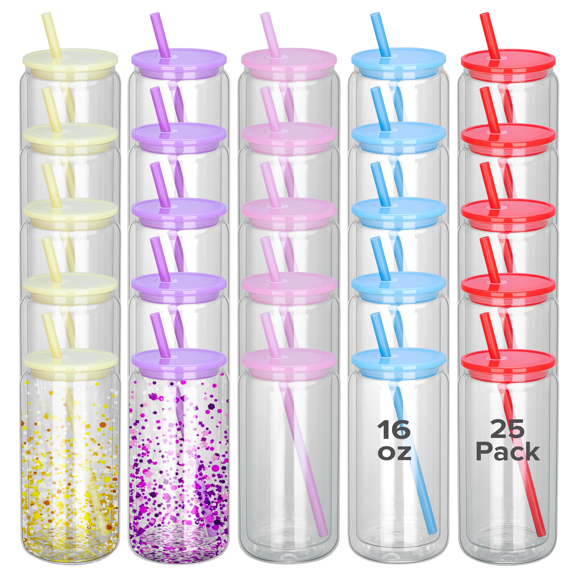 25 Pack 16oz Snow Globe Cups,with Colored Lid and Straw Sublimation Double Wall Glass Blanks ,for Snow Globe Glitter DIY