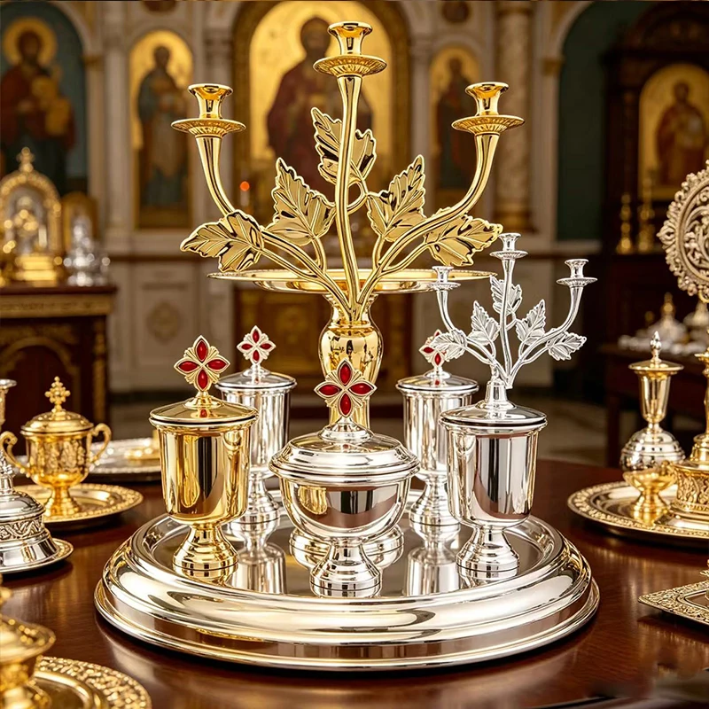 Orthodox Holy Eucharist Communion Set Silver Plated 3 Arms Candlestick Ciborium Chalice Liturgical Supplies for Church Priest