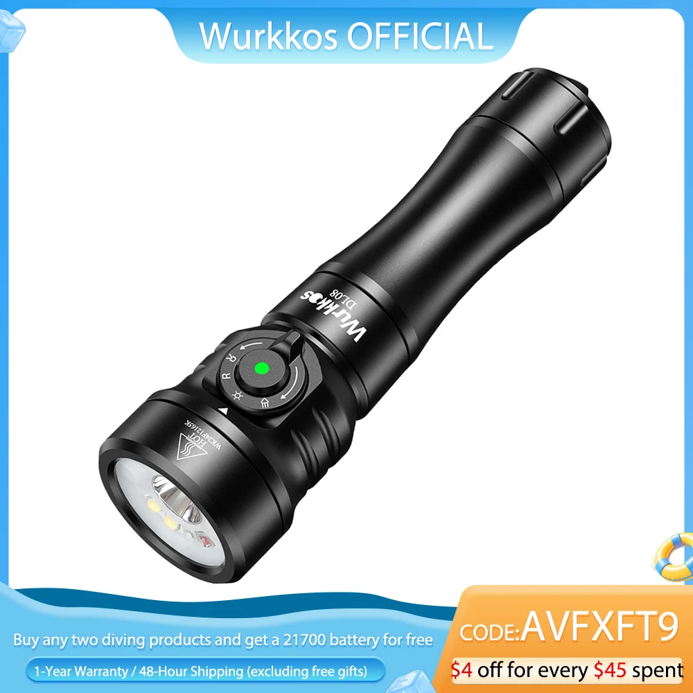 Wurkkos DL08 High-Power Flashlight 21700 Rechargeable Dive Light 3600Lm with Rotating Magnetic Switch 6500K Underwater Spotlight