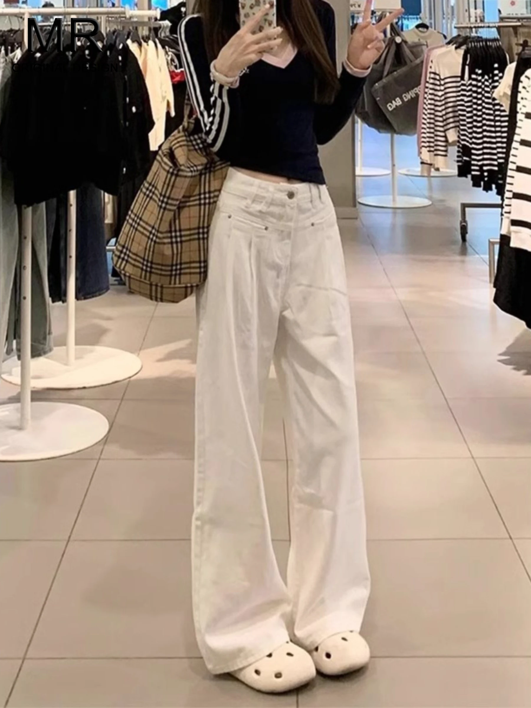 

White Three-Resistant Wide-Leg Jeans Women Summer New Design Folded Loose High Waist Casual Straight Leg Pants