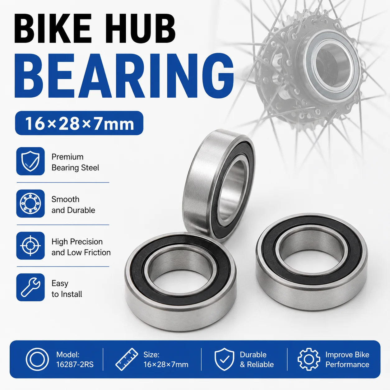 16287-2RS Bike Hub Bearing 16x28x7mm Double Sealed Steel For Mountain Rear Wheel Roller Bearings Replacement Part Accessory
