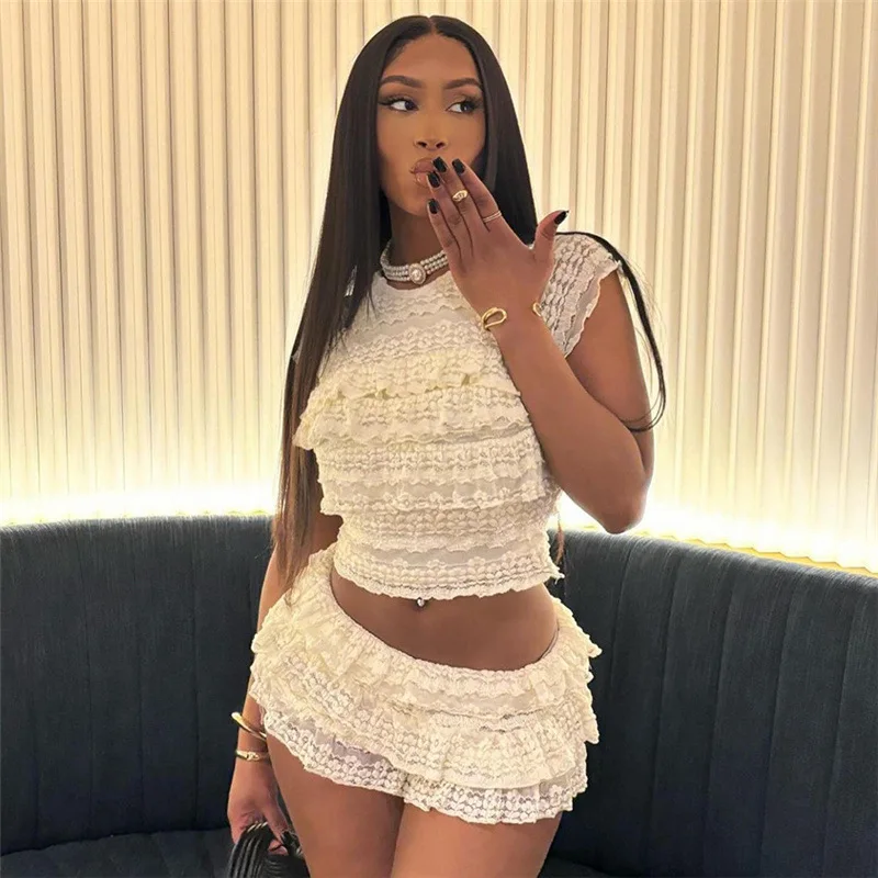 

Fashion Temperament Sweet Spice Girl Solid Color Hollow Slim Pleated Shorts Suit Female European and American Style 2025