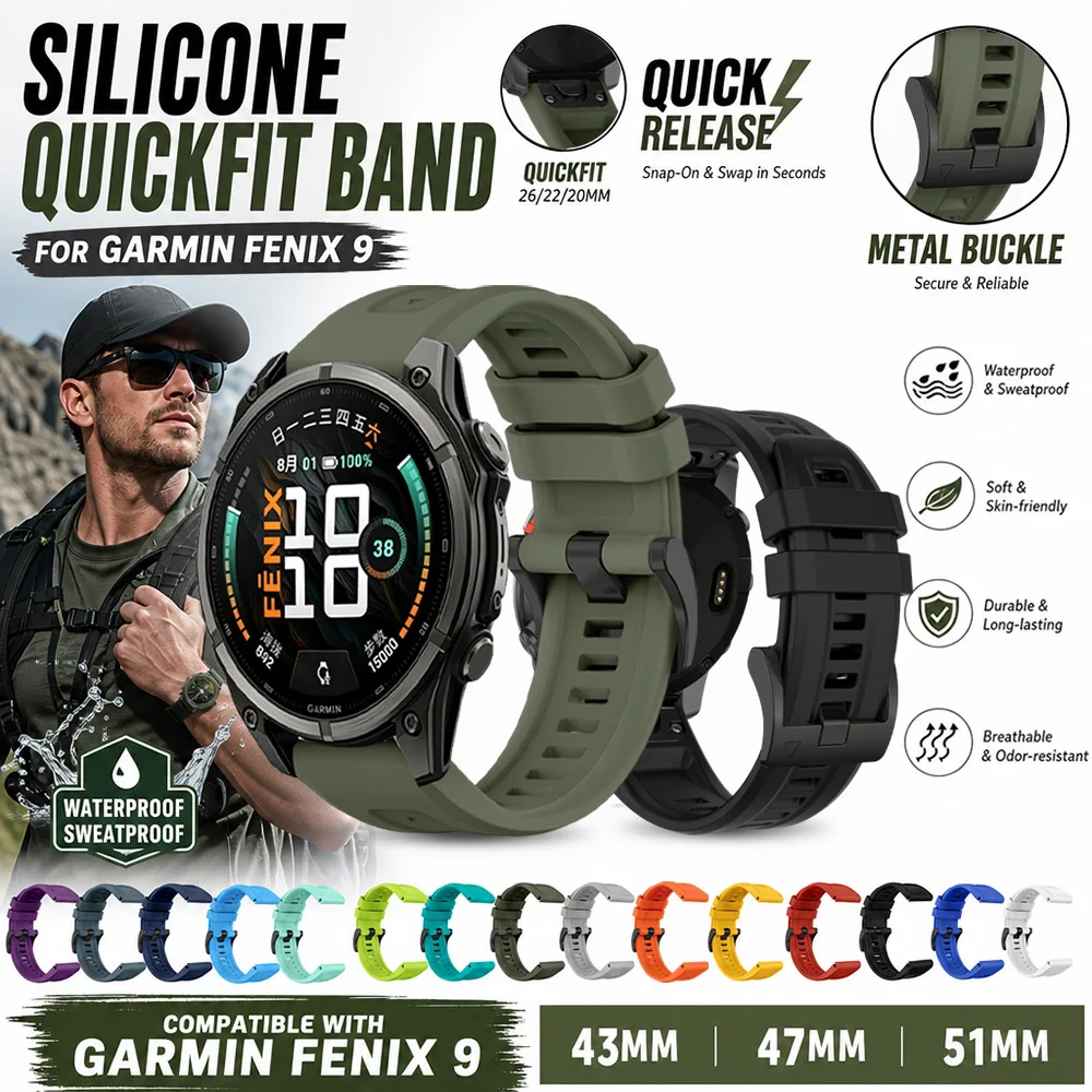 Flexible Rubber Silicone Quickfit Replacement Strap for Garmin Fenix 9 43mm 47mm 51mm Fenix 8 7 6 Epix Pro Soft Wristband Accs