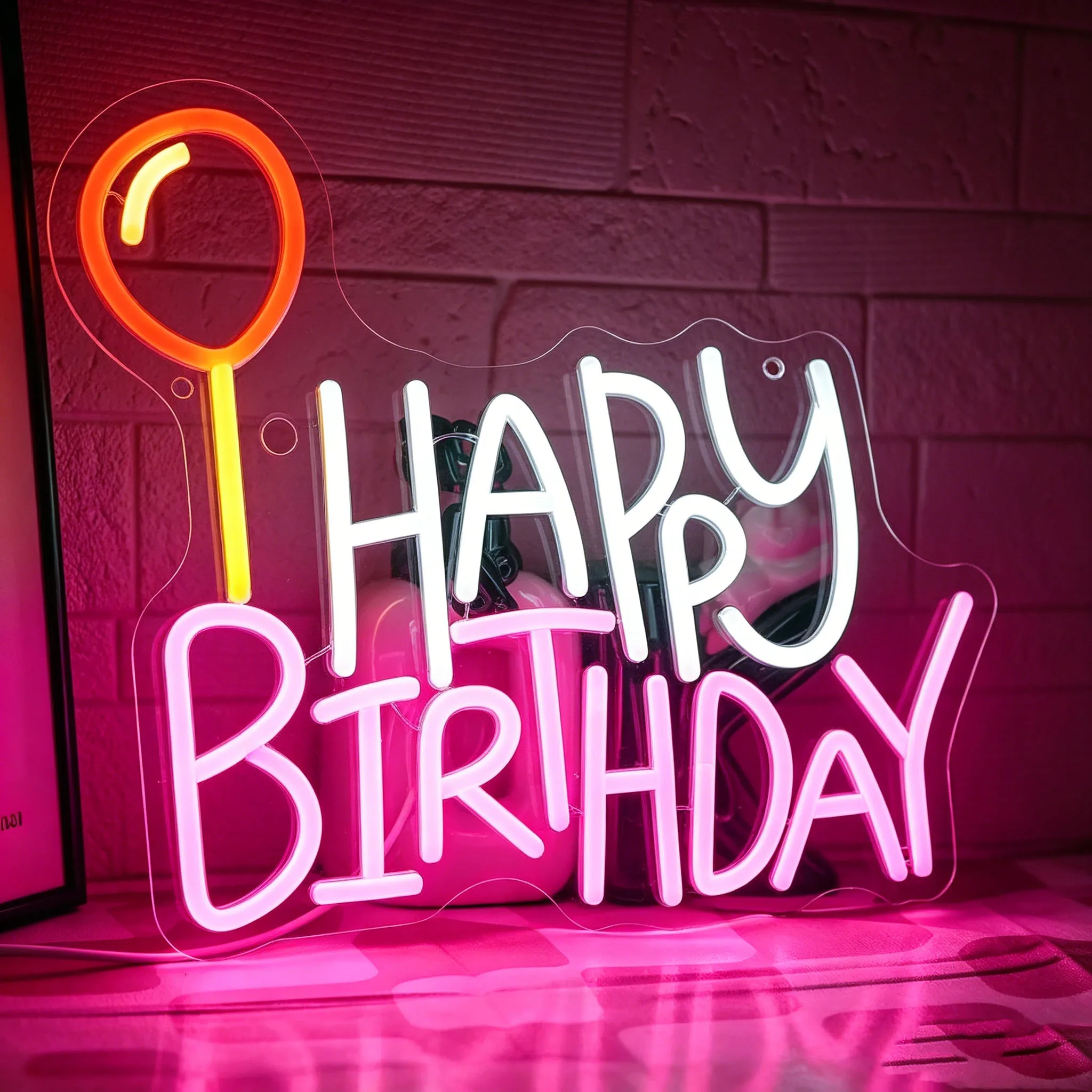 Balloon Happy Birthday Neon Sign Dimmable LED Lights For Bedroom Dorm Baby Shower Birthday Party Wall Decoration Holiday Gifts