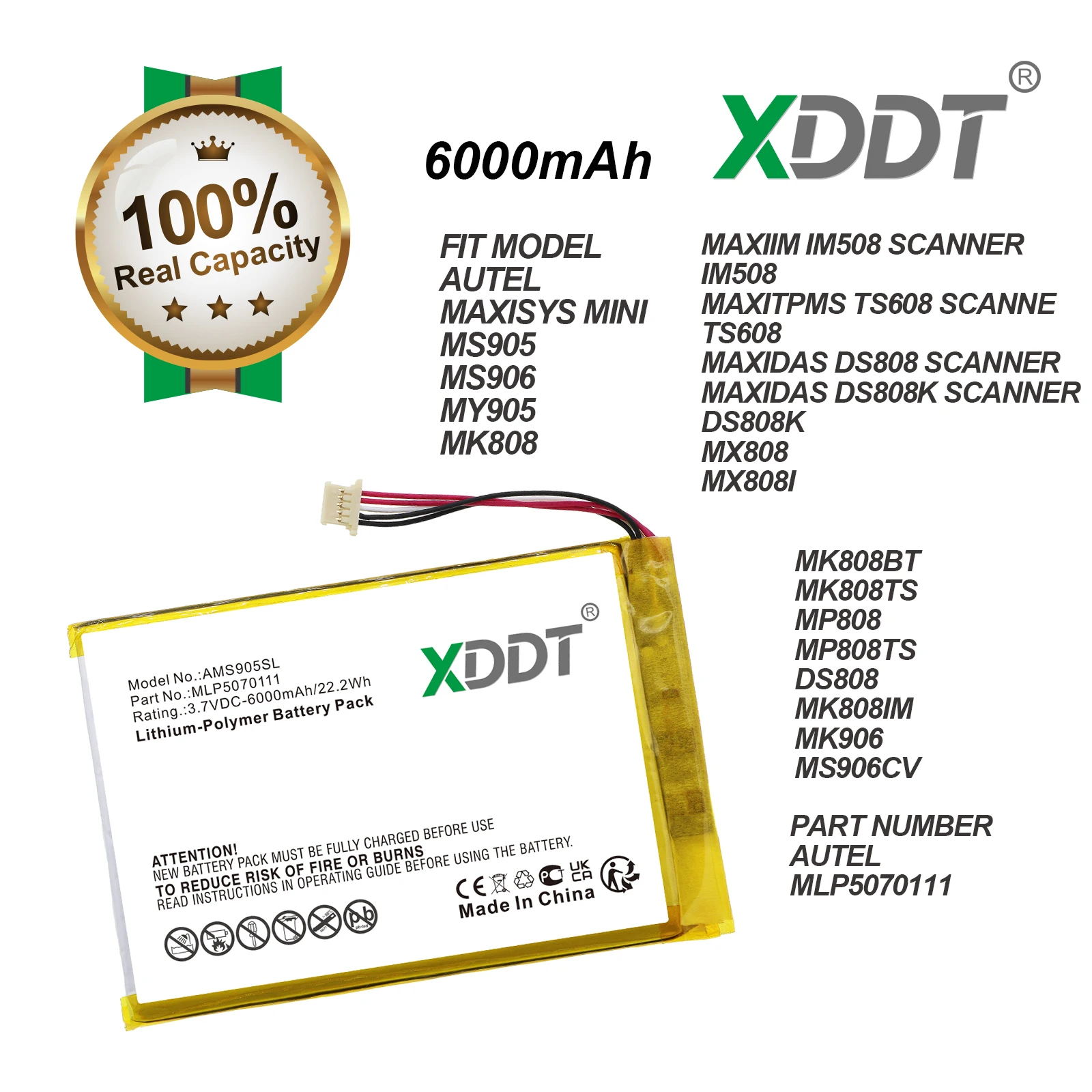 XDDT 6000mAh Battery for Autel MaxiSys Mini,MS905,MS906,MY905,MK808,MK808BT,MK808TS,MP808,MP808TS,DS808,MK808IM,MK906,MS906CV