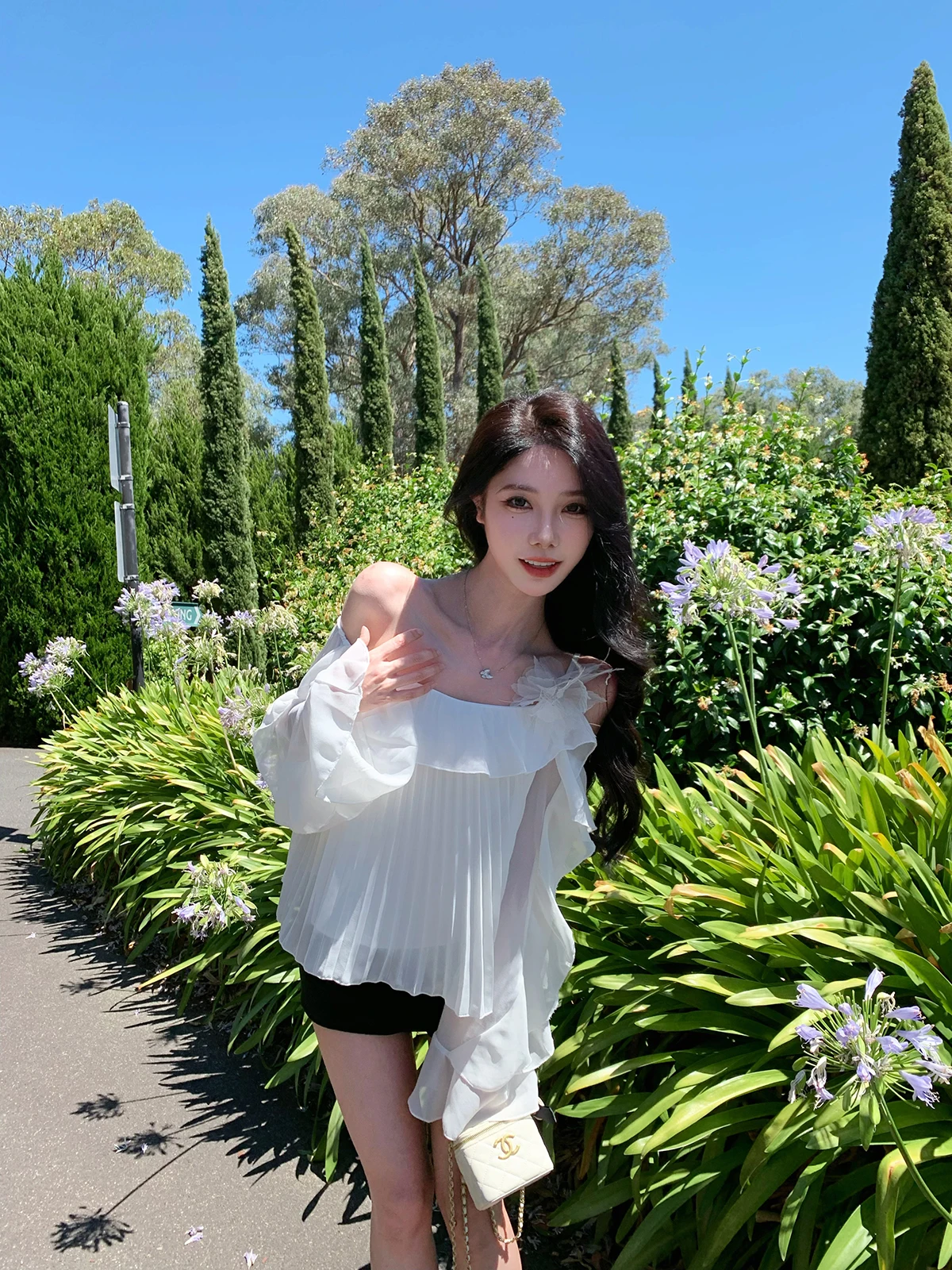 

Sexy White Chiffon Shirt Women's Loose Fit Long Sleeve Lock Shoulder Pleated Top Summer New Arrival JustQin Lace Trim Blouse