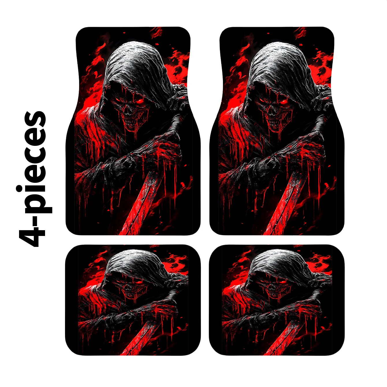 

4pcs Set High-end Sword Fighting Skull Print Car Floor Mats | Front And Rear Row Carpet, Polyester, All-season, Fashionable, Sim