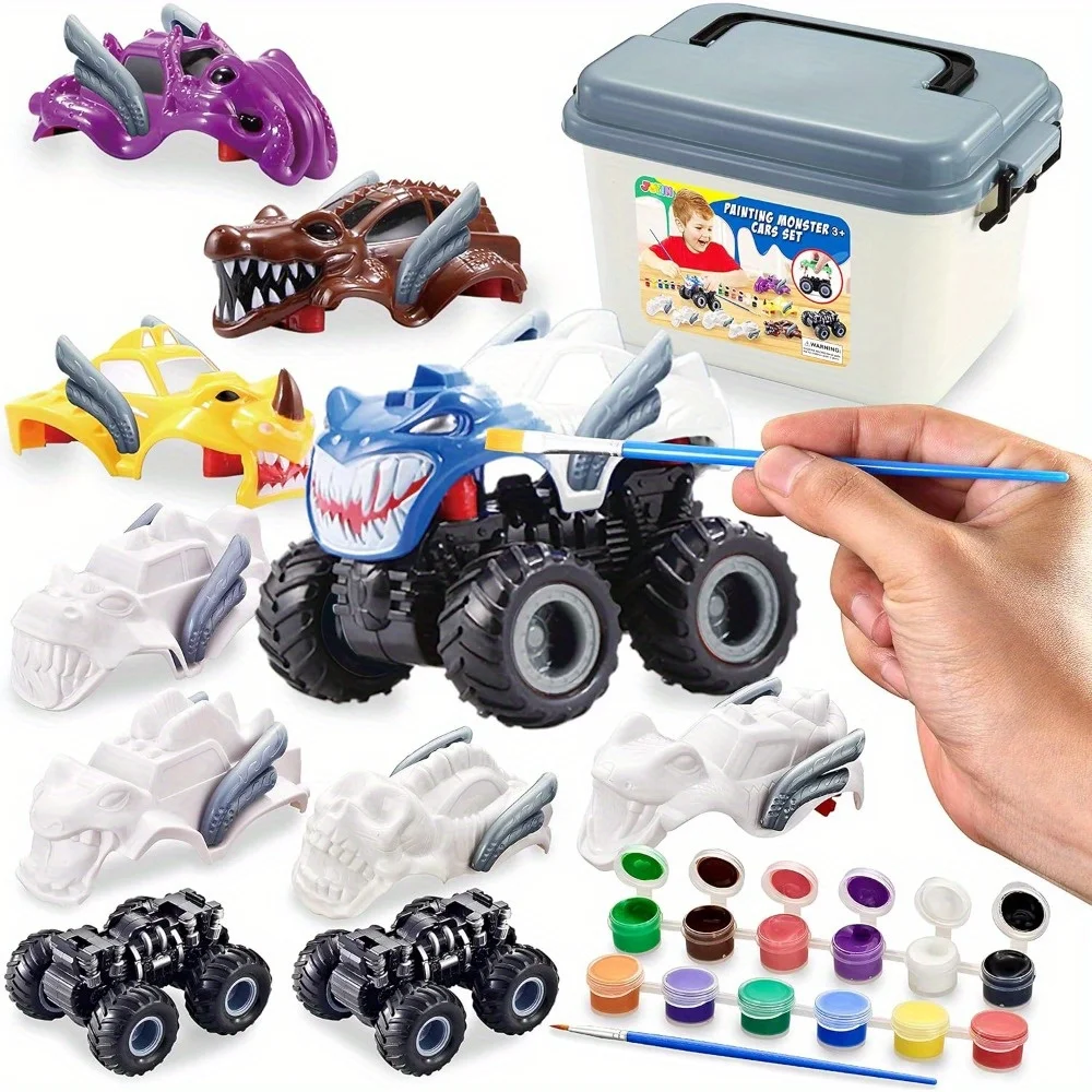 JOYFY Kids Craft Kit Build & Paint Your Own Monster Car DIY Toy Set Friction Powered Truck for Kids Birthday Christmas Gift