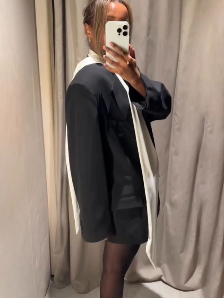 HH Cappotto blazer nero con design a bavero con tasca doppio petto moda donna cappotto da strada elegante allentato casual a maniche lunghe da donna