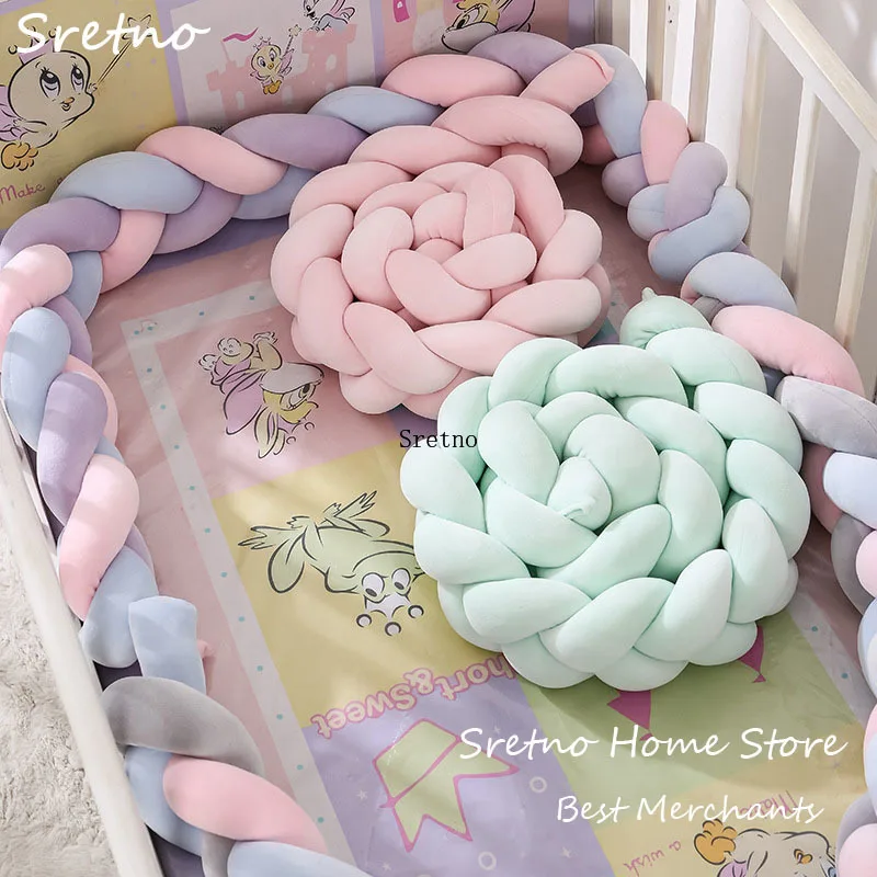 Handmade Cotton Rope Baby Bed Bumper, Knotted 3-Strand Braid Anti-Collision Pillow, Soft Protective Crib Surround for Infants