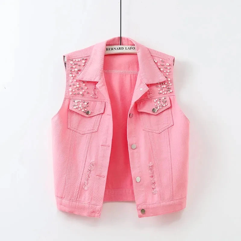 

Colorful Denim Jacket Waistcoat Women's Spring Summer New Slim Hole Beaded Sleeveless Coat Female Short Casual Vest Outwear Tops