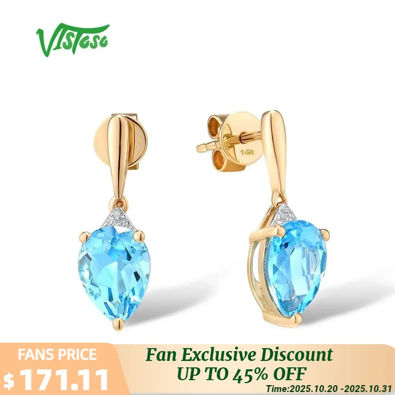 

Золотые серьги VISTOSO для женщин, желтое золото 14 карат 585, гламурный блестящий синий топаз, сверкающий бриллиант, роскошные модные ювелирные изделия