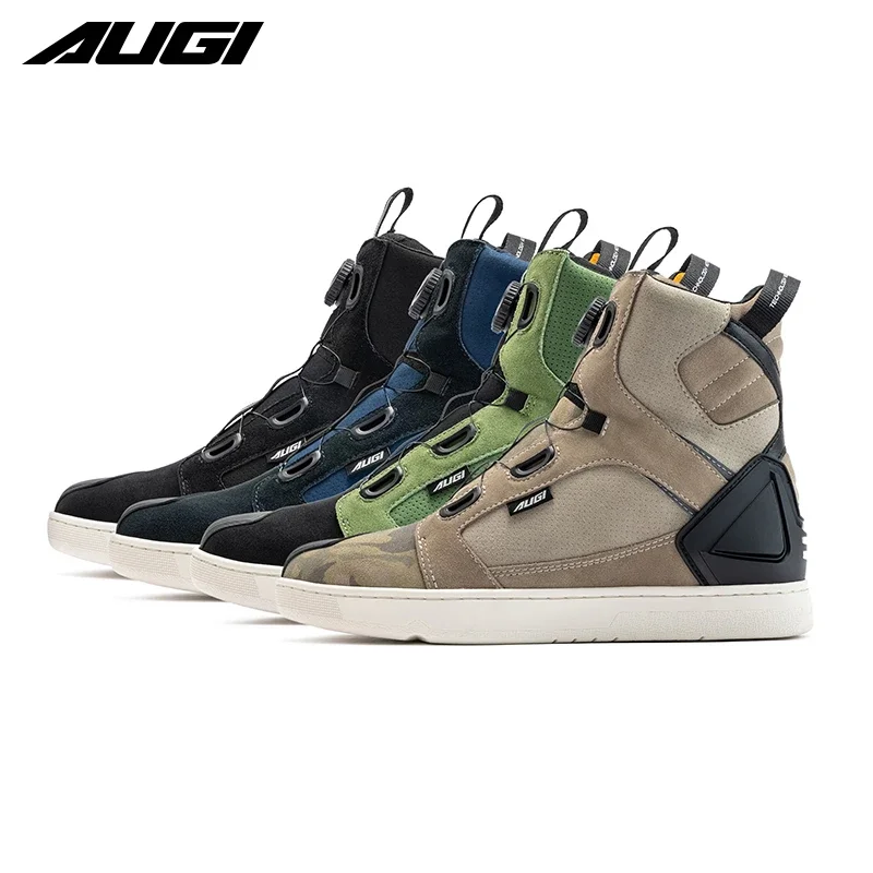 AUGI Mens Motorcycle Boots Lace Up Ankle High Motocross Shoes Men Non Slip Reflective All Season Off Road Dirt Bike Riding Shoes