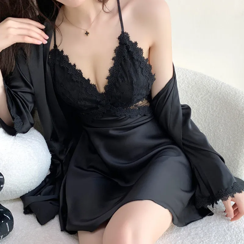 White Bride Wedding Robe Suit Sexy Lace Flower Trim Nightwear Women Spaghetti Strap Satin Homewear Loose Kimono Loungewear