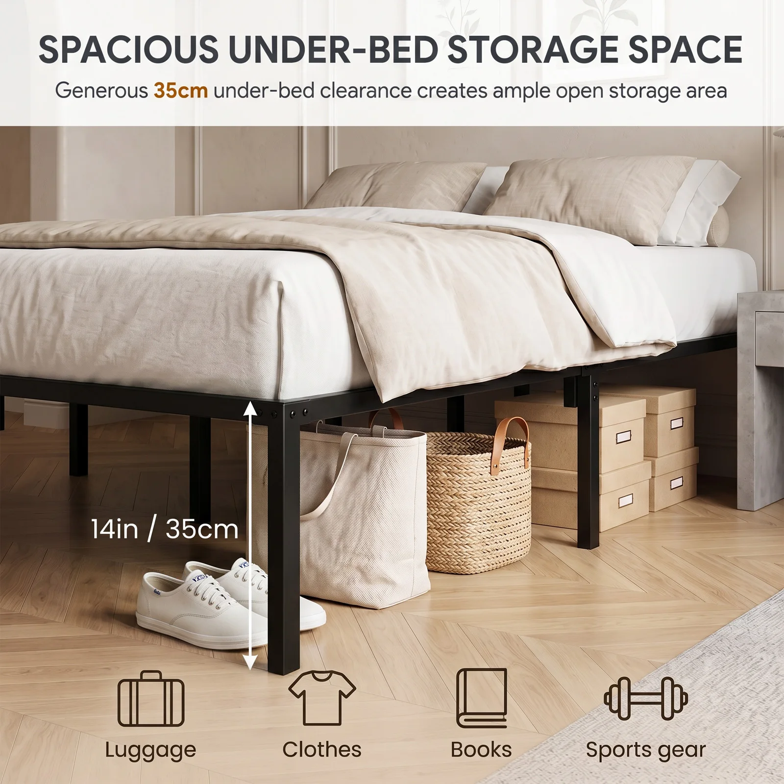 Full Size Metal Platform Bed Frame, 35cm Height Heavy Duty Steel Slat Support Bed, No Box Spring Needed, Easy Assembly, Under Bed Storage Space for Bedroom Apartment Guest Room