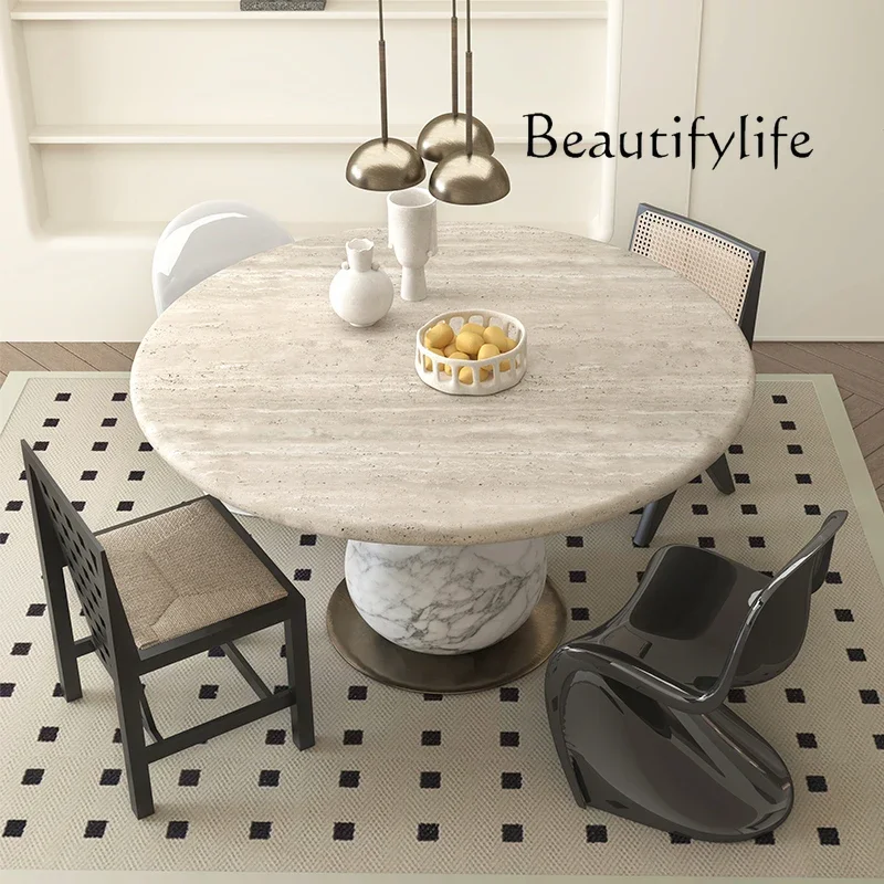 

high sense household light luxury French travertine table Medieval natural marble round dining table light luxury