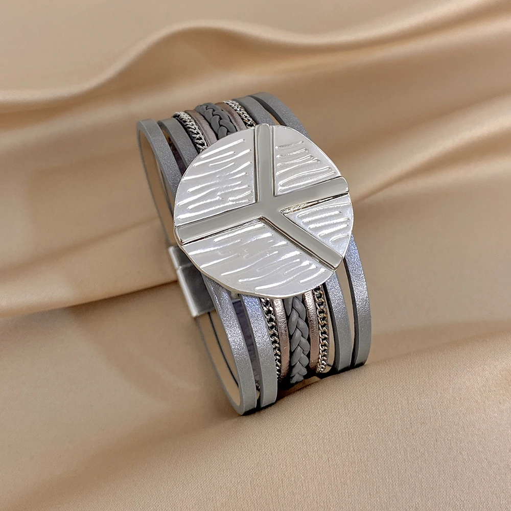 ALLYES Vintage Multilayer Weave Wrap Leather Bracelet for Women Men Chunky Geometric Accessories Wide Bracelets Charm Jewelry