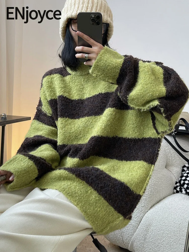 

Winter Women Vintage Stripe Wool Sweater Korean Fashion Knitted Pullovers Streetwear Wide Shoulder Loose Thickened Long Knitwear