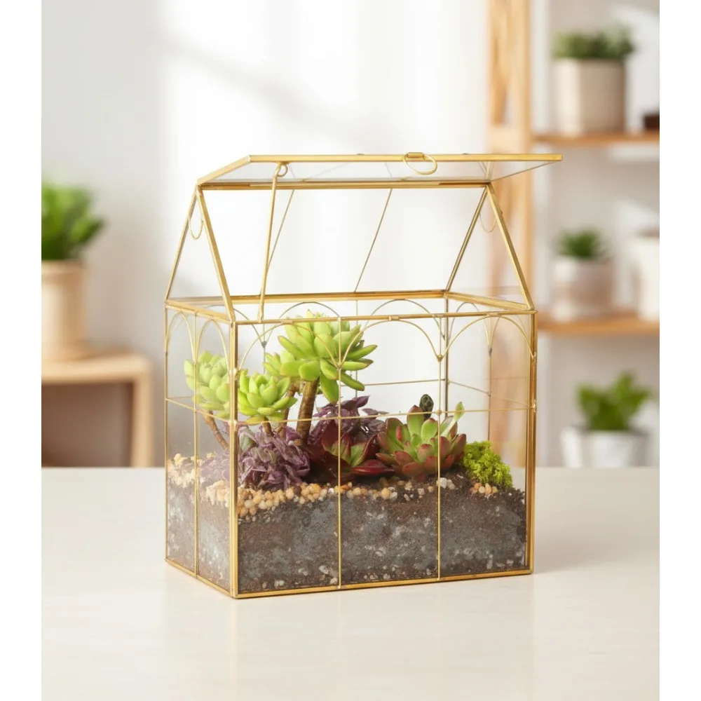 

Glass Geometric Plant Terrarium with Hinged Roof - Succulent & Air Planter for Home Garden Office Decor