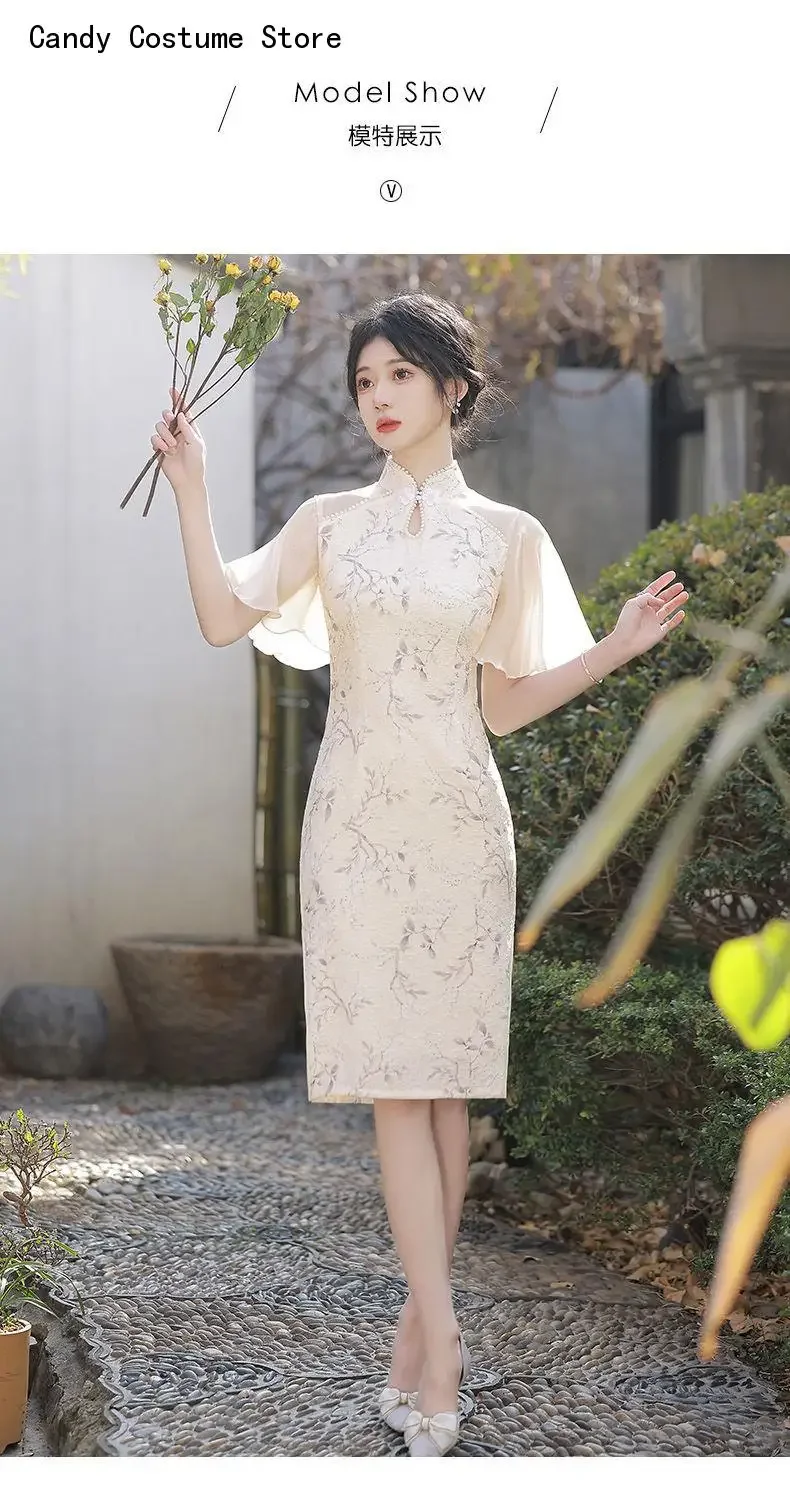 Vestidos de festa feminino com gola em pé, cheongsam, novo, chiffon verão, elegante, estilo chinês jovem, qipao senhora