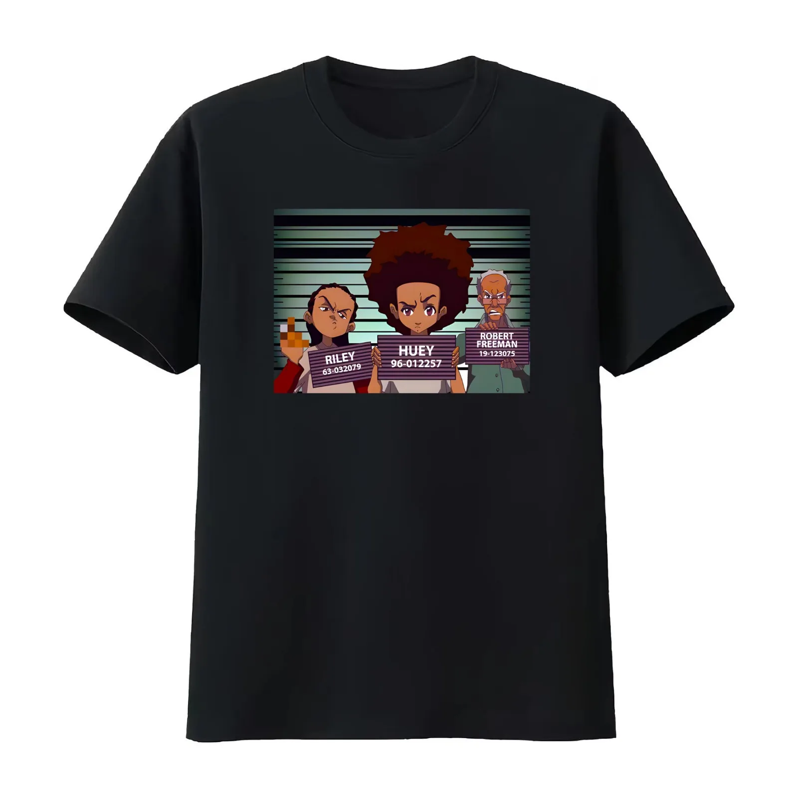 The Boondocks Mugshot African-American Riley-Huey-Robert T-Shirt Summer Casual Cotton Tee Oversized Streetwear Tops