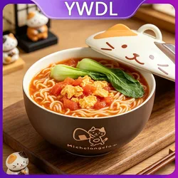 YWDL 550ml Cartoon Cat Ceramic Instant Noodle Bowl With Lid Underglaze Color Soup Salad Bowl Kitchen Office Student Lunch Box