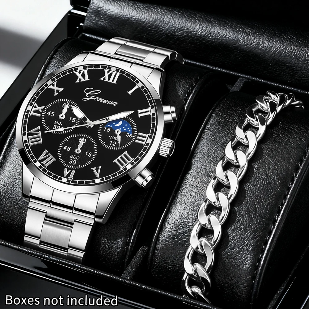 2pcs handsome and trendy quartz men's watch and simple bracelet combination set holiday gift