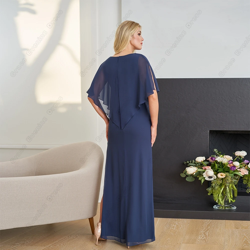Charming Blue Strapless Muslim Evening Dresses with Chiffon Half Sleeve Side Slit Prom Gowns Floor Length Vestido De Noche