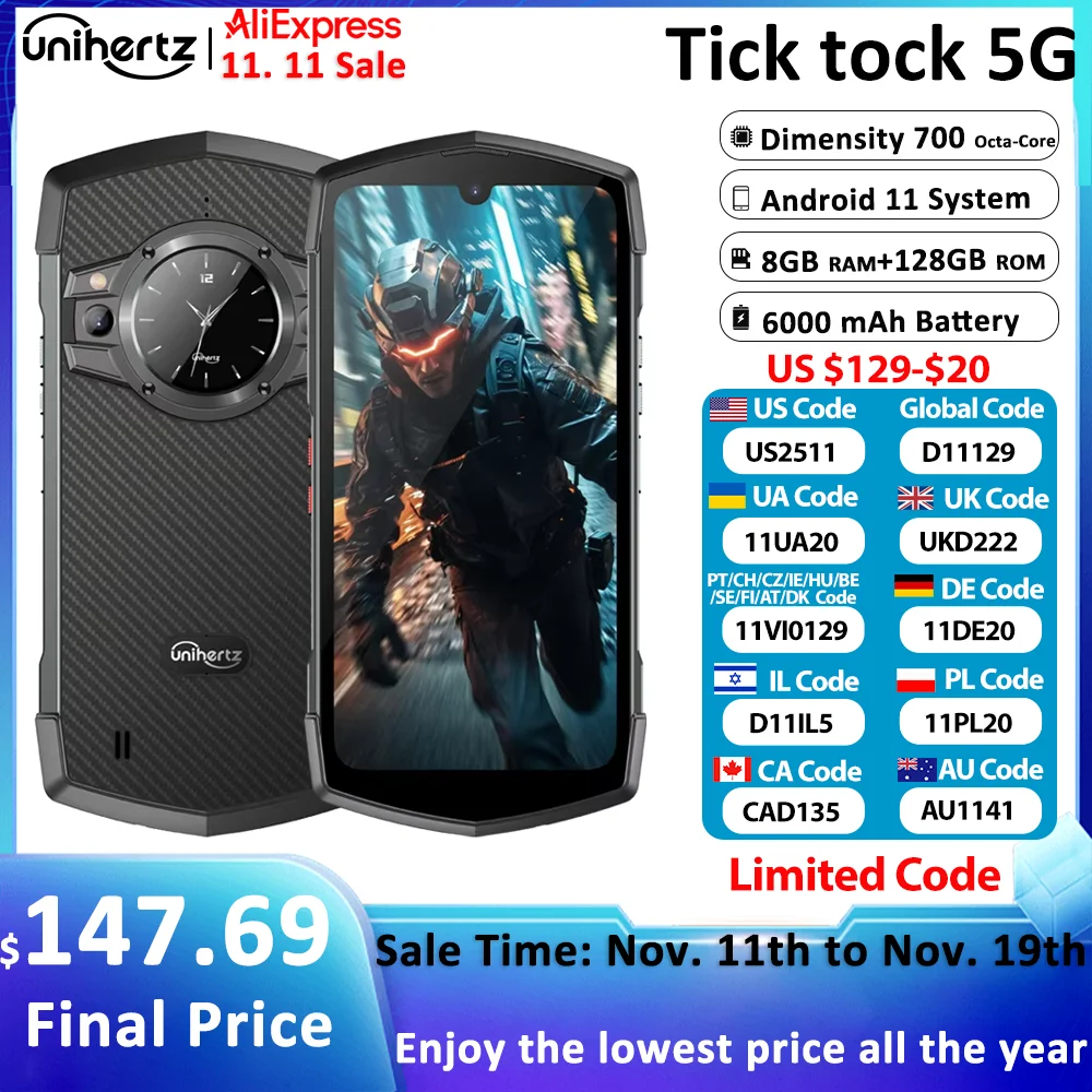 Unihertz Tick Tock Rugged Smartphone 5G 128/256GB Cellphone 6000mAh Android 6.5 inch Phone with Dual-Screen 48MP Camera IP68