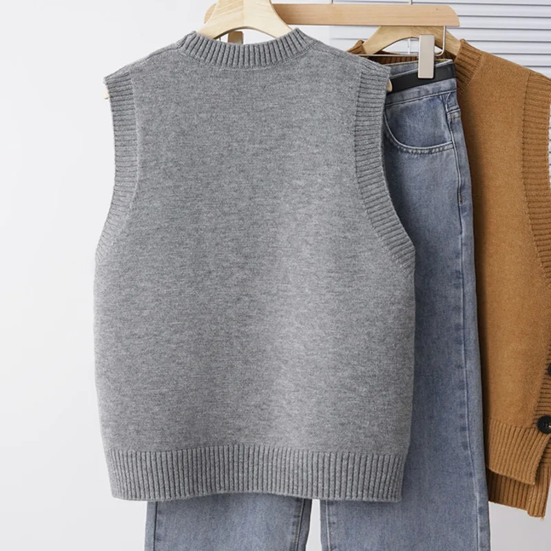 #3935 Asymmetrical Sweater Vest Women Side Buttons Knit Pullover Vest Round Neck Outerwear Short Knitwear Vest Femme Solid Color