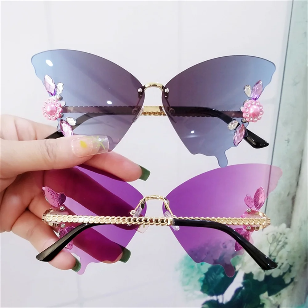 New Frameless Crystal Butterfly Sunglasses Vintage Luxury Brand Shades for Women Rimless Sun Glasses Bling Diamond Eyewear