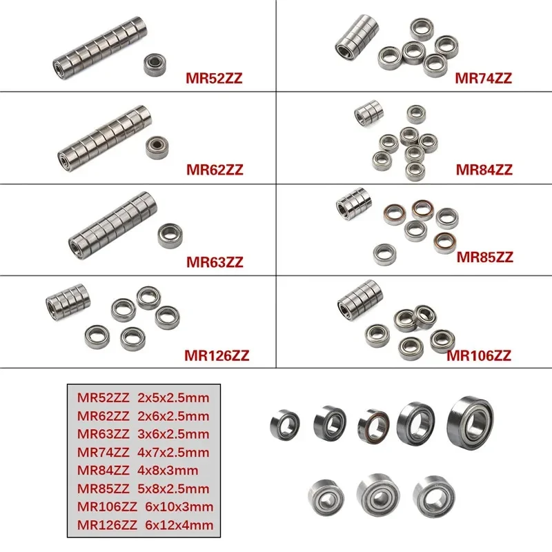10Pcs Miniature Deep Groove Ball Bearings MR52ZZ MR62ZZ MR63ZZ MR74ZZ MR84ZZ MR85ZZ MR106ZZ MR126ZZ