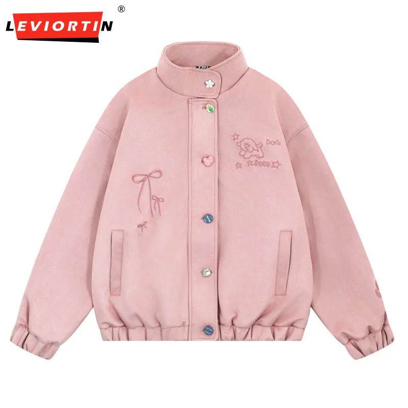 

Men's fashion trend brand personalized button design stand up collar baseball jacket cartoon embroidery half high collar jacket