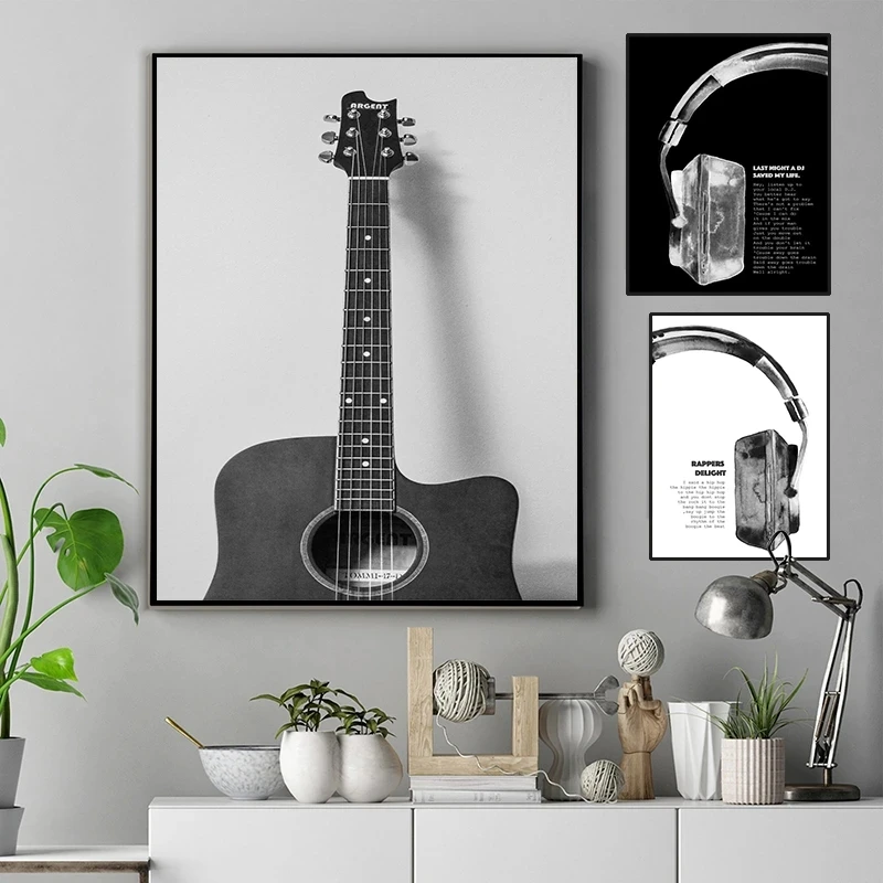 Vintage Music Vinyl Record Poster Wall Art Black and White Picture Headphone Lyrics Canvas Painting Prints Music Studio Decor