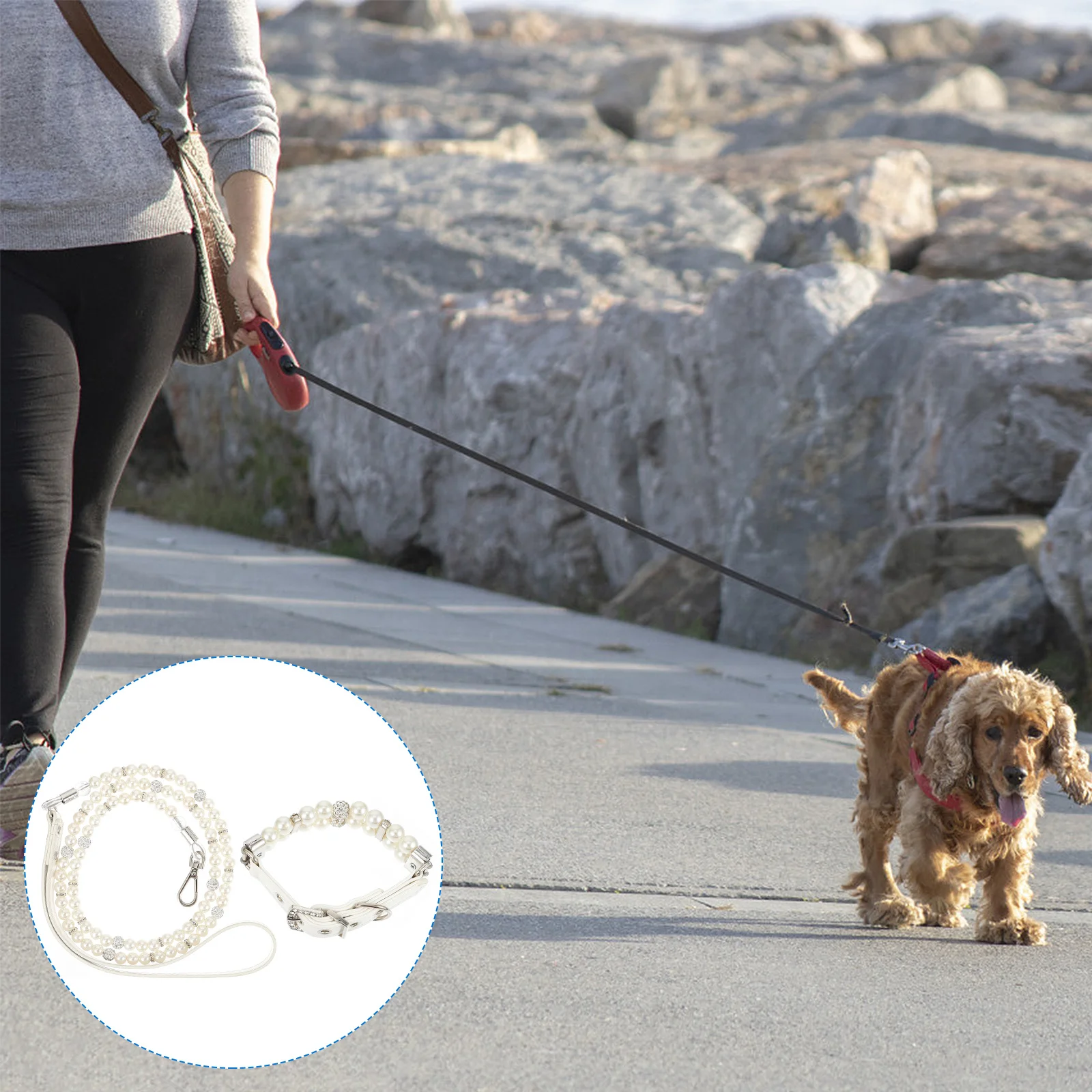 

2Pcs Dog Collar Leash Set Pearl Decorated Adjustable Puppy Collar for Christmas Birthday Wedding Party Photo Outings