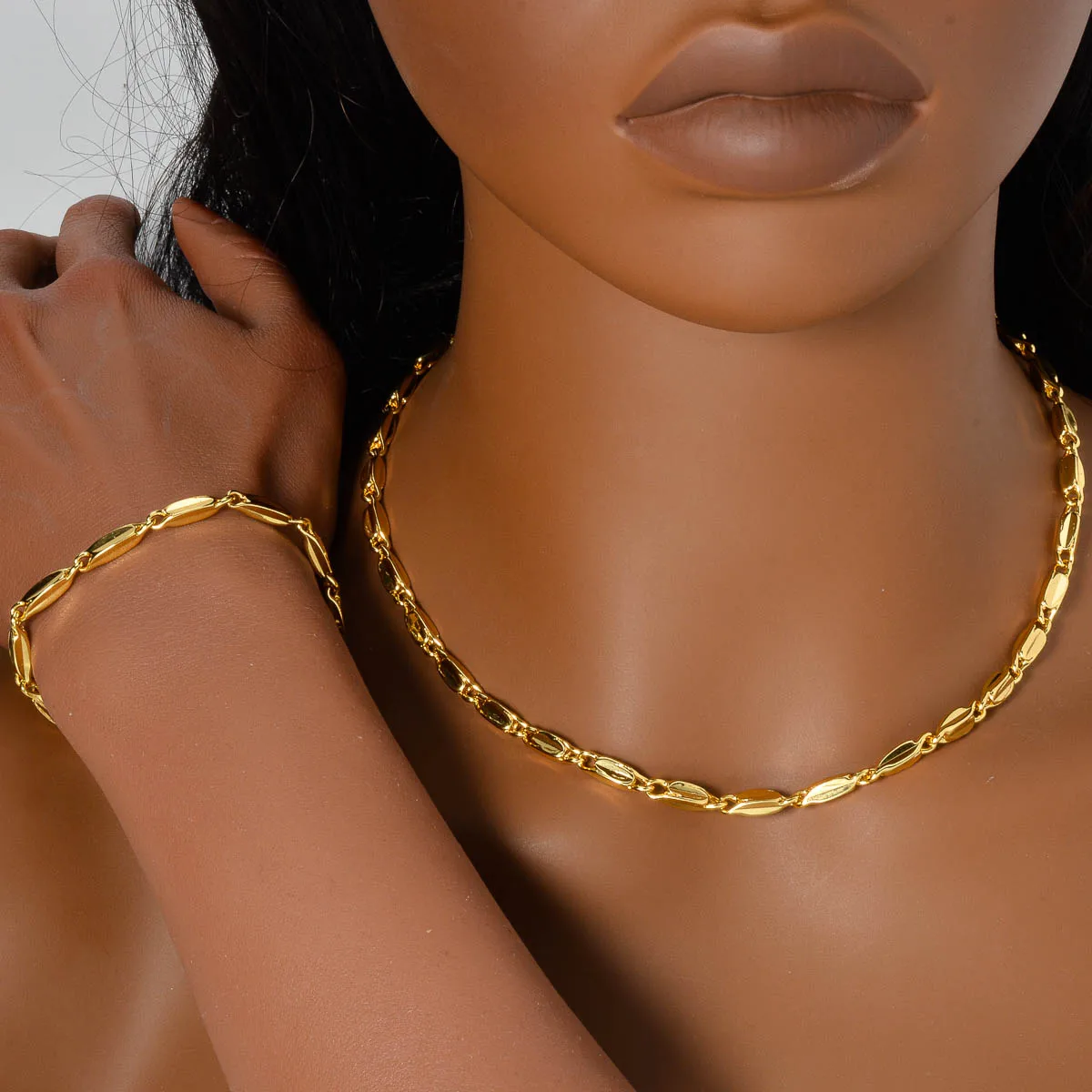 Gold Plated Oval Link Chain Jewelry Set Italian 750 Mark Copper Necklace Bracelet Minimalist Chain Unisex Daily Jewelry Gift