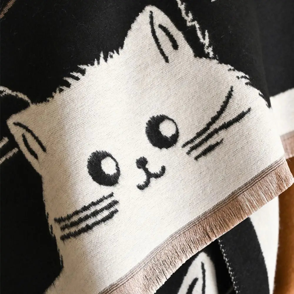 

Cute Cat Imitation Cashmere Scarf Jacquard Pattern Coldproof Winter Scarf Double Sided Print Windproof Shawl Ladies Wear