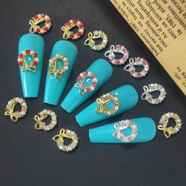 5Pcs Garland Bowknot Pearl Zircon Nail Art Charms Rhinestone Christmas Wreath Design Crystals Jewelry Nail Art Decoration