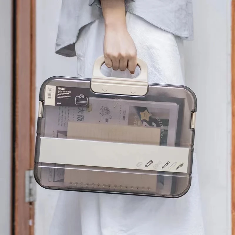 Caja de almacenamiento de archivos de plástico transparente A4, almacenamiento de escritorio, caja de datos portátil, suministros de oficina para estudiantes, caja de datos para documentos