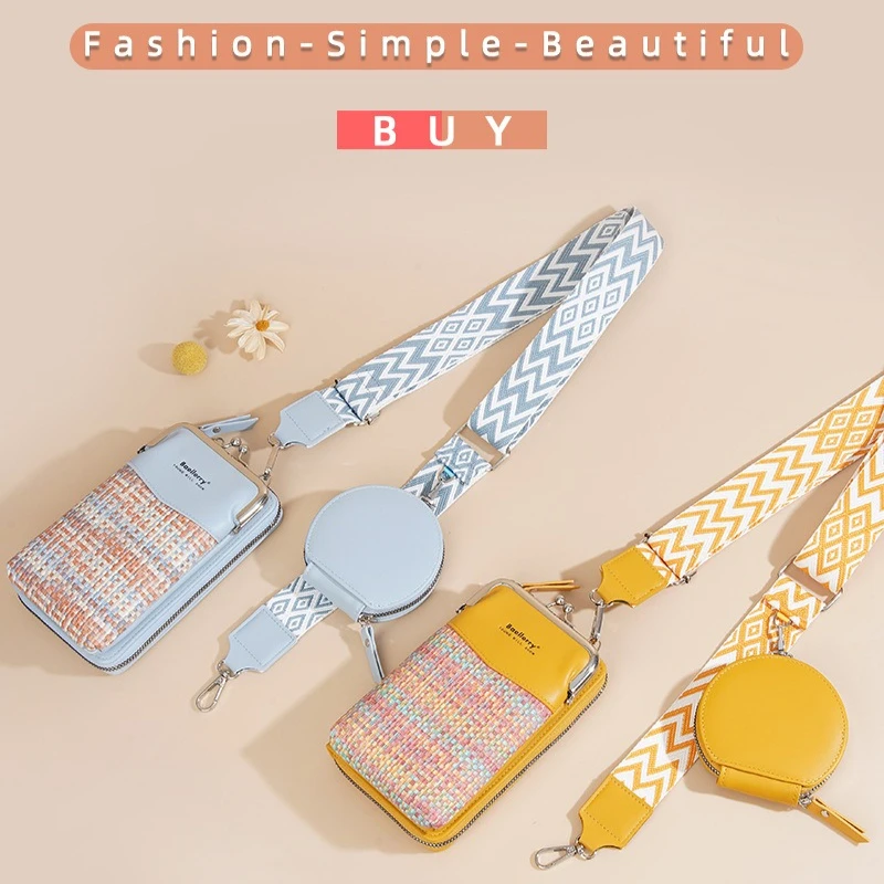 Fashion Woven Phone Crossbody Bag, Metal Kiss Lock Frame, Detachable Round Coin Purse, Compact Casual Shoulder Purse for Storing