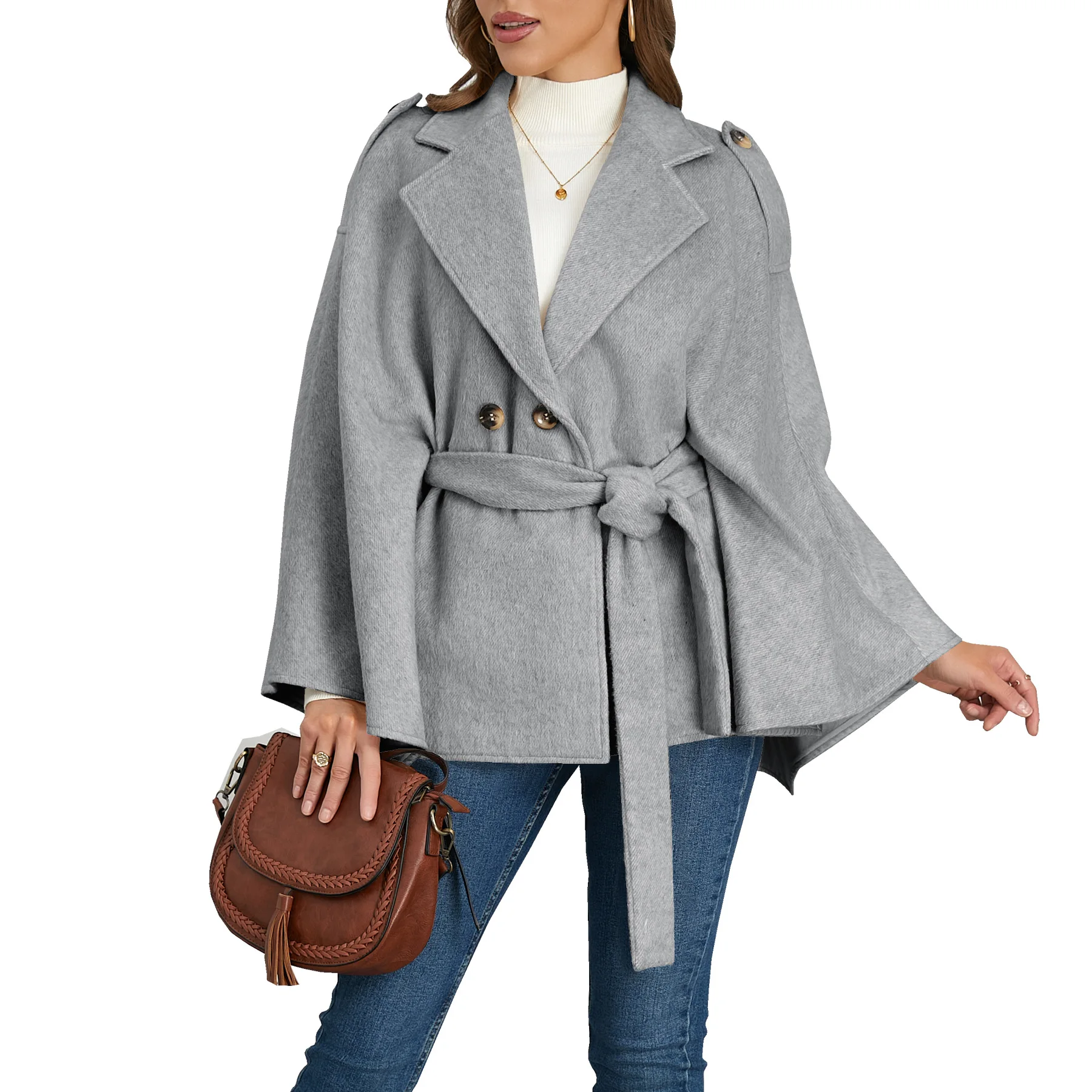 

Women's Clothing Winter Wool & Blends Woolen Coat High-end Lapel Thin Strap Slim Cape Office Lady Tops Coats and Jackets Women