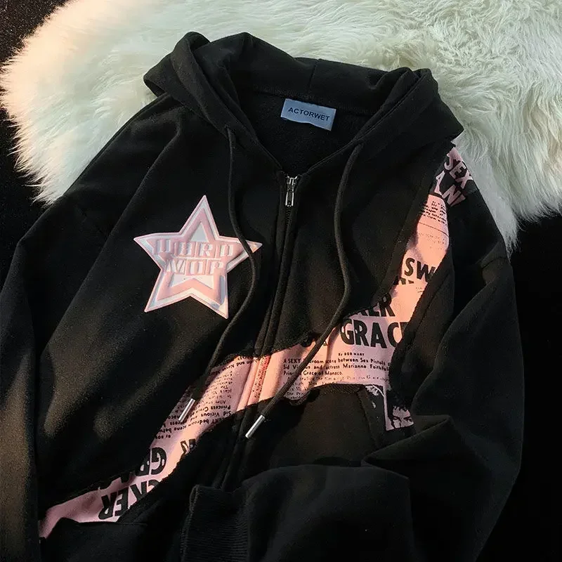 High Street Star Letter Patchwork Sudadera Mujer American Vintage Loose Hoodies Women Fashion Hooded Sweatshirts Y2k Tshirts