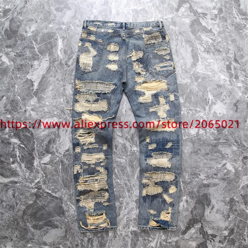 Washed Damaged Embroidery Patches Vintage Denim Jeans Men Women 1:1 Best Quality Pants