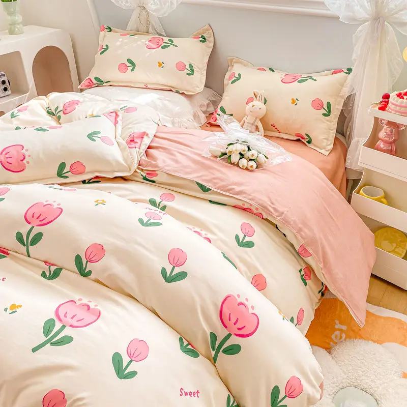 

Pink Tulip Bedding Set Bed Flat Sheet Pillowcase Soft Polyester Bed Linens Kids Girls Floral Duvet Cover Decor Bedroom NO Filler